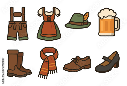 Traditional oktoberfest icons featuring bavarian attire and beer elements