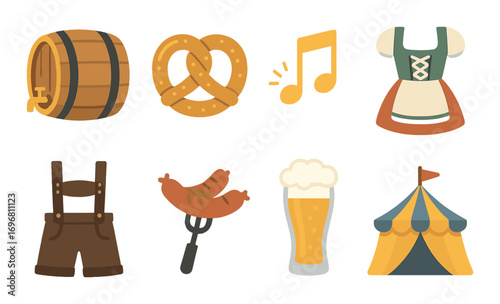 Oktoberfest icons set with beer, pretzel, sausage, and traditional attire