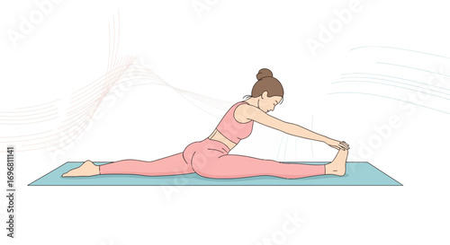 Young Woman Practicing Yoga Splits on Mat in a Comfortable Exercise Position for Wellness