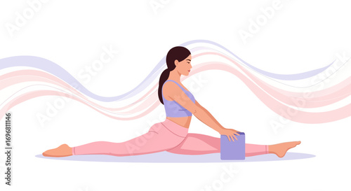 Young Woman Performing Splitted Yoga Pose With Block, Fitness, Wellness, And Relaxation