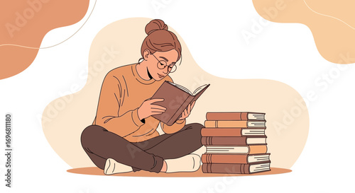 Young Woman Reading Book Enjoying Literary World Surrounded With Story Volumes Reading