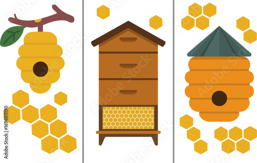 Vibrant illustration of three different beehives and honeycomb patterns, celebrating nature and apiculture.