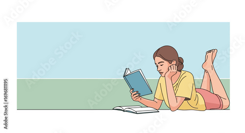Young Woman Reading a Book While Relaxing Outside on a Beautiful Day