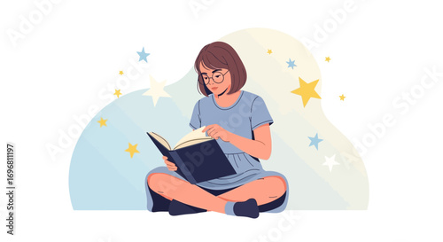 Young Woman Reading Book While Sitting And Surrounded By Magical Stars