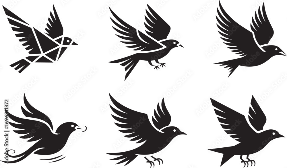 Obraz premium Bird Icon Set Vector Illustration Flying Animal Design Freedom Symbol Isolated Black