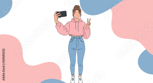 Young Woman Taking a Selfie with a Peace Sign in a Fashionable Outfit Illustration