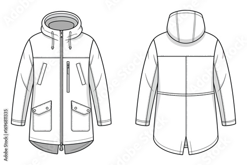 Unisex Hooded Parka Coat Flat Sketch Featuring Technical Fashion Drawing of Outerwear Jacket with Zipper, Pockets, and Drawstring, Vector Apparel Template for Design Illustration