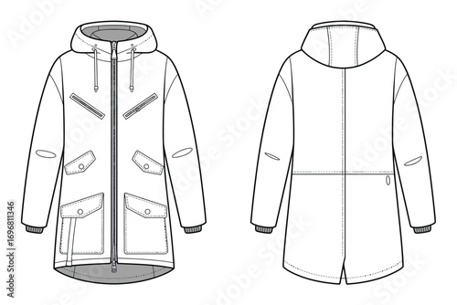 Unisex Hooded Parka Coat Flat Sketch Featuring Technical Fashion Drawing of Outerwear Jacket with Zipper, Pockets, and Drawstring, Vector Apparel Template for Design Illustration