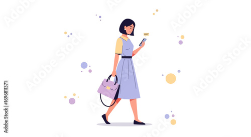 Young Woman Walking Outside While Reading Message On Her Mobile Phone And Holding Handbag