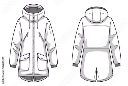 Unisex Hooded Parka Coat Flat Sketch Featuring Technical Fashion Drawing of Outerwear Jacket with Zipper, Pockets, and Drawstring, Vector Apparel Template for Design Illustration