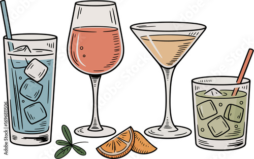 Refreshing assorted cocktails and drinks with ice and fruit garnishes, perfect for a summer party.