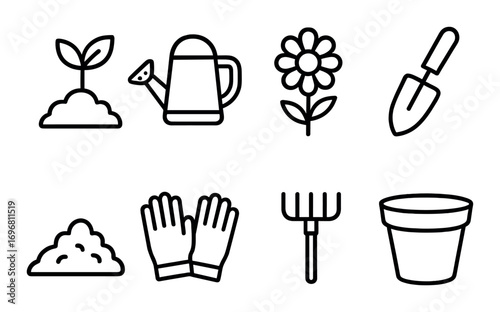 Gardening tools and plant icons on dark background