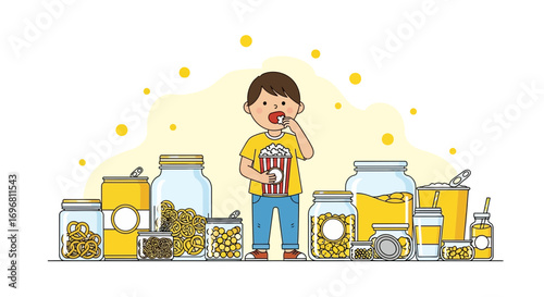Youngster Enjoys Snacks Amongst Food Jars and Bottles With Delicious Treat, Cute Illustration