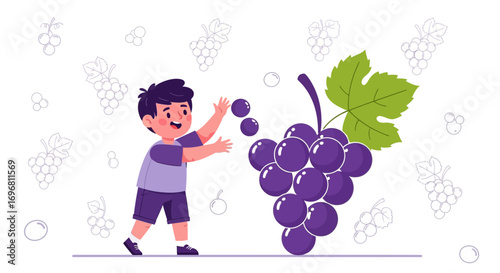 Youngster Interacting With Freshly Picked Grapes, Delightful Illustration