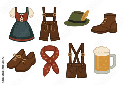 Traditional german attire and oktoberfest icons illustrated collection