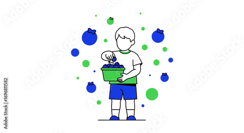 Youngster Gathering Fresh Blueberries Illustrating Harvest Season and Healthy Eating