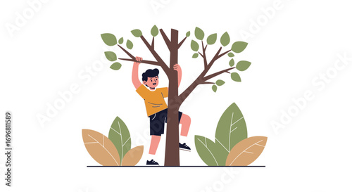 Youngster Joyfully Climbing The Tree Exploring The Nature In Flat Vector Illustration, Outdoors