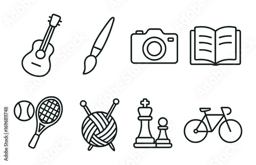 Set of icons representing musical, artistic, literary, and recreational activities