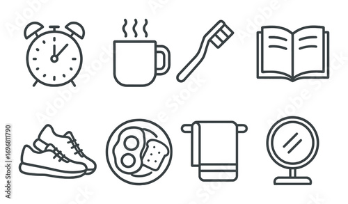 Morning routine icons: clock, coffee, toothbrush, book, shoes, breakfast, towel, mirror
