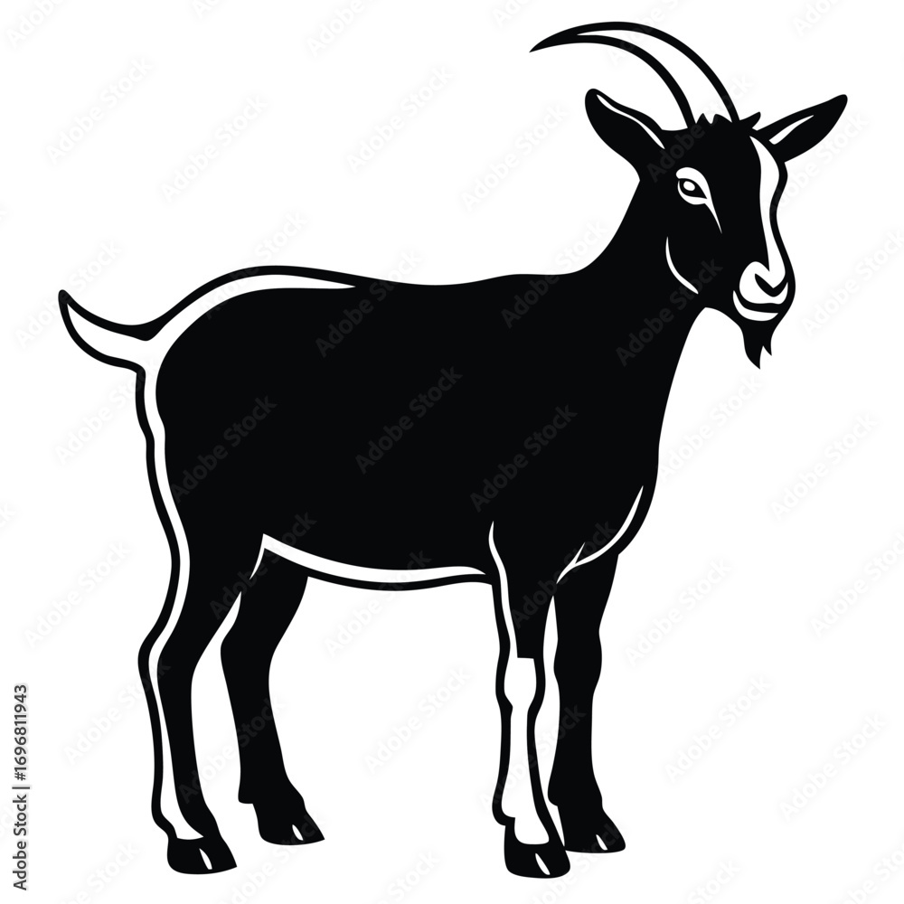 Fototapeta premium Black silhouette of a goat standing on a white background animal mammal