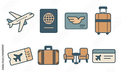 Travel icons featuring airplane ticket passport luggage boarding pass and lounge