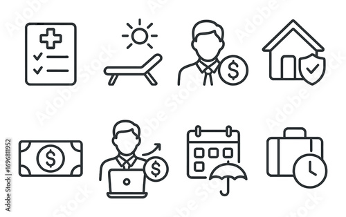 Black gradient icons: financial business, health, security, travel, and relaxation themes