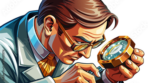 Close-up portrait of male jeweler inspecting gemstone with loupe. Isolated white background highlights precision, craftsmanship, and the elegance of fine jewelry.