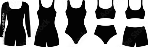 Collection of black swimwear silhouettes showcasing different styles and cuts for summer fashion