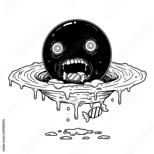 Black sphere with wide eyes and open mouth, surrounded by candy and goo  