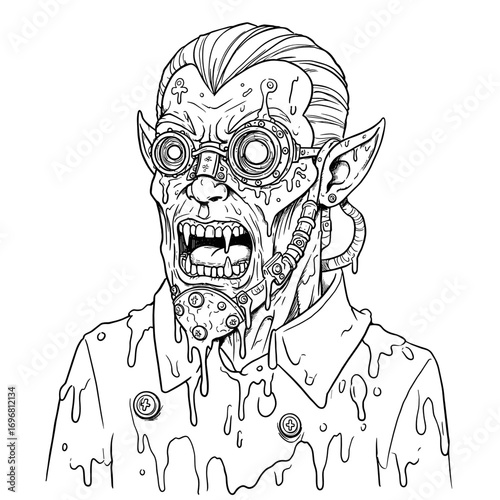 Zombie character with mechanical features and melting skin in a drawing  