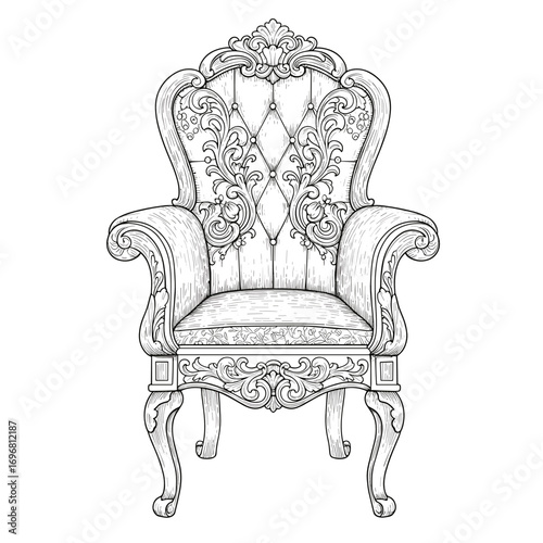 Ornate vintage armchair with intricate detailing in black and white  