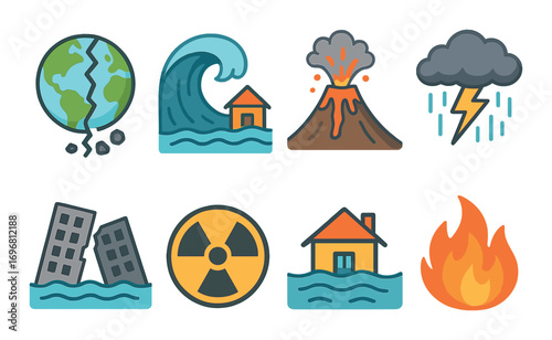 Colorful illustrations of natural disasters: earthquake, tsunami, volcano, storm, flood, radiation, fire