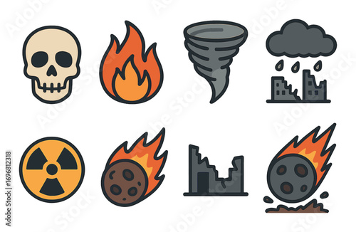 Set of disaster icons: skull, fire, tornado, rain, radiation, meteor, ruins