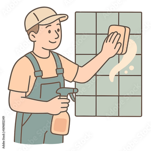 Male worker cleaning tiles with sponge and spray bottle in house  