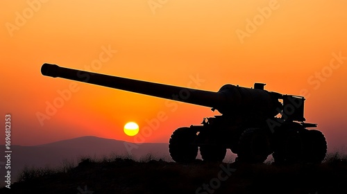 Silhouetted artillery piece on a hilltop at sunset