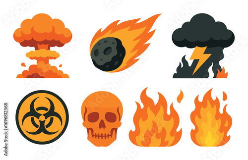 Explosive symbols: meteor, thunderstorm, biohazard, skull, flames, mushroom cloud art