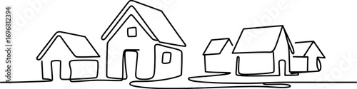Continuous line drawing of a charming neighborhood with diverse house shapes.
