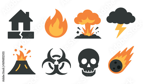 Disaster icons: earthquake, fire, explosion, storm, volcano, biohazard, skull, meteor
