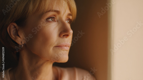 elderly woman softly weeping holds photograph of her late husband against clean solid background