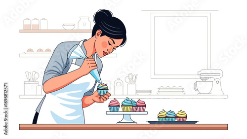 Sweet Creations: A culinary artist carefully decorates a delightful cupcake with artistic finesse in the kitchen setting, showcasing creativity and culinary skills.