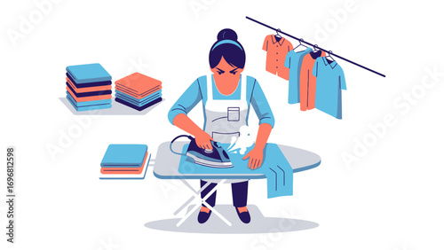 Ironing in Style: An illustration captures the essence of domestic life, a lady standing with purpose at her ironing board, expertly pressing clothes. The composition.