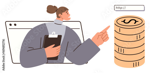 Woman in professional attire holding clipboard points at coin stack and search bar, representing online finance management. Ideal for investment advice, savings, budgeting, economy, e-commerce