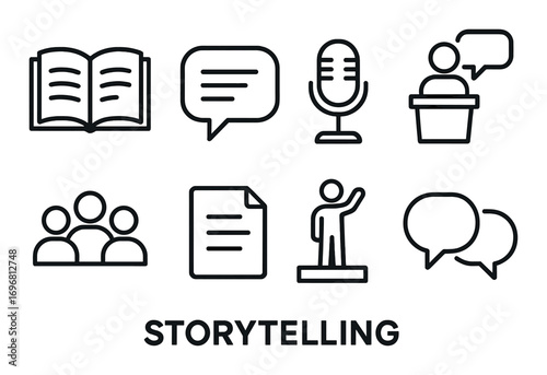 Storytelling icons: book, speech bubbles, microphone, podium, audience, document, speaker