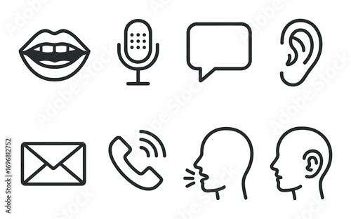 Communication icons set: audio speech conversation listening contact