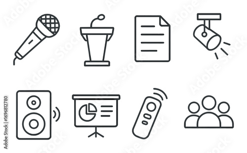 Audio and visual equipment icons on black textured background