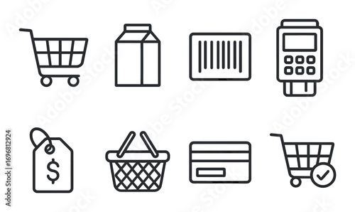 Shopping icons set: cart, milk, barcode, payment terminal, price tag, basket, credit card, cart with checkmark
