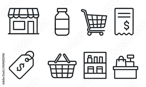 Outlined icons of shopping elements including store, cart, basket, receipt, and price tag