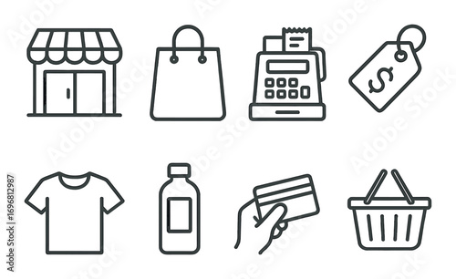 Black and gray shopping icons set featuring store, bag, register, price tag, shirt, bottle, card, and basket