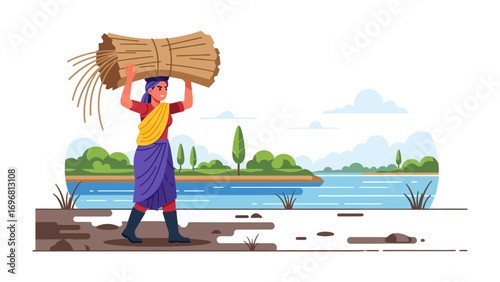 Harvesting in Serenity: A diligent figure strides through a picturesque rural landscape, gracefully balancing a bundle of harvested crops upon her head.