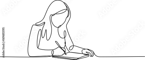 Focused woman creating with pen and paper in minimalist line art style